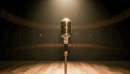 Vintage microphone on stage with dramatic spotlight shining down
