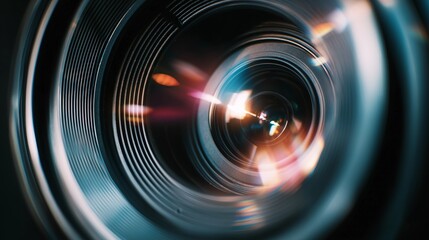 Close-Up Camera Lens with Light Reflections and Optical Glass Details