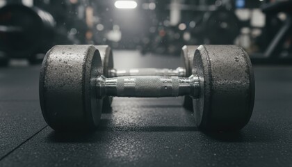Dumbbell on the floor in a gym with fitness equipment in the background