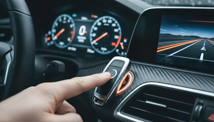Hand starting a car engine with a start-stop button inside a modern vehicle.