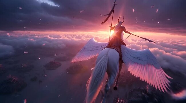 Valiant Warrior Rides Majestic Winged Pegasus Through Dramatic Sunset Cloudscape