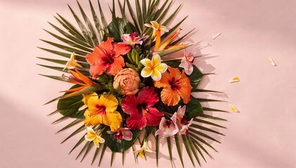 Pink Flower Blossoms Against Tropical Leaf Background, Tropical Bouquet On Pastel Pink Background, Spring Plant Design - Nature Inspired Decor