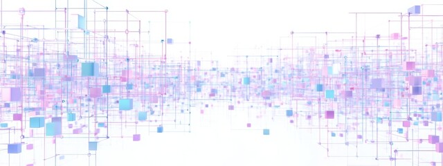 Wide abstract AI data grid in pastel neon on a soft white background, floating nodes and connecting lines, futuristic minimalism, panoramic