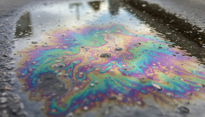 Rainbow colored oil spill on wet asphalt road surface