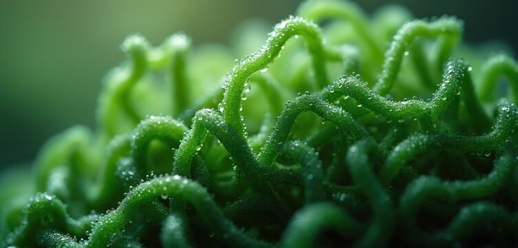Macro shot shows fresh spirulina algae. Bright green plant wet drops on surface. Close view presents texture of natural ingredient, superfood for healthy diet, wellness. Spirulina usage in vegan