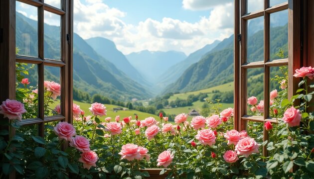 Pink roses bloom outside wooden window with scenic mountain valley view. Green hills and blue sky form background. Peaceful nature landscape.