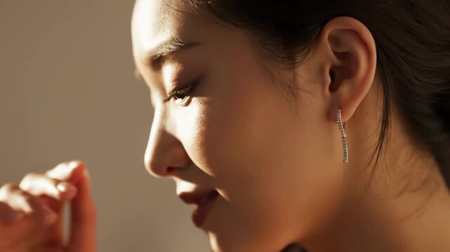 Close up profile portrait of a beautiful young asian woman wearing a delicate diamond dangle earring in warm sunlight