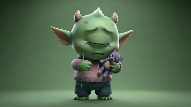 Sad Cyclops Monster with Teddy Bear Crying on Green Background.