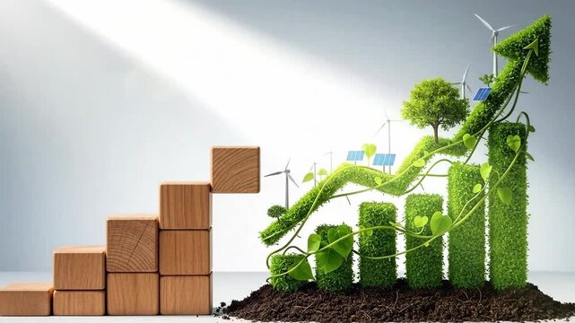Sustainable growth concept with green graph, wind turbines, solar panels, and wooden blocks.