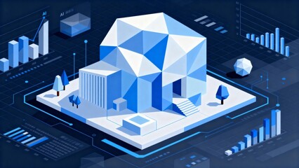 Futuristic building with data charts