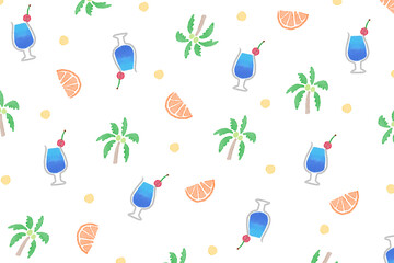 白背景に手描きイラストパターン。夏の旅行やビーチ・リゾートのコンセプト。水彩のカクテルとヤシの木