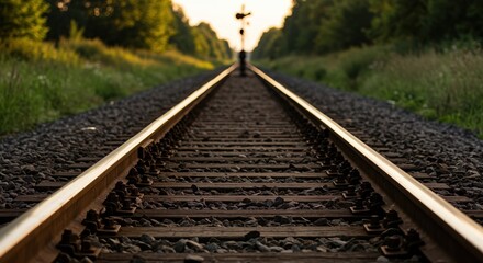 Obraz premium Railway Tracks With Train on Platform, Sunset at Station - Transportation and Control in Golden Hour