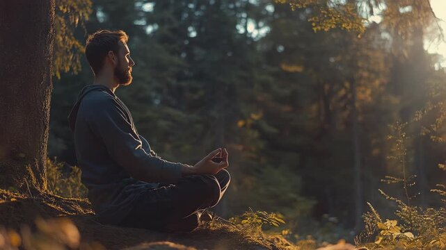 Man in tranquil forest pose, reflective mood, calm and centered.