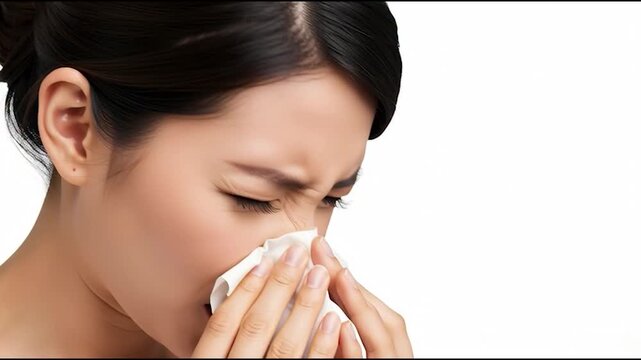 Woman blowing her nose with a tissue, close-up portrait of a person experiencing nasal discomfort, media reference for health issues