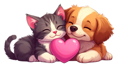 Cute cartoon dog and cat cuddling a vibrant pink heart, representing a heartwarming bond of friendship and affection between beloved domestic pets isolated on solid white background3