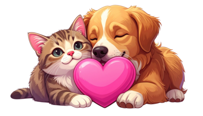 Cute cartoon dog and cat cuddling a vibrant pink heart, representing a heartwarming bond of friendship and affection between beloved domestic pets isolated on solid white background2