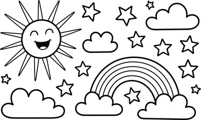 Happy Sun with Rainbow and Stars in Black and White Line