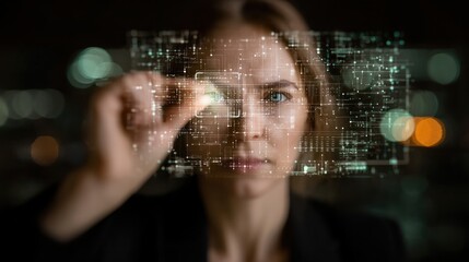 Woman analyzing digital data screen with futuristic interface representing artificial intelligence and data visualization in tech environment