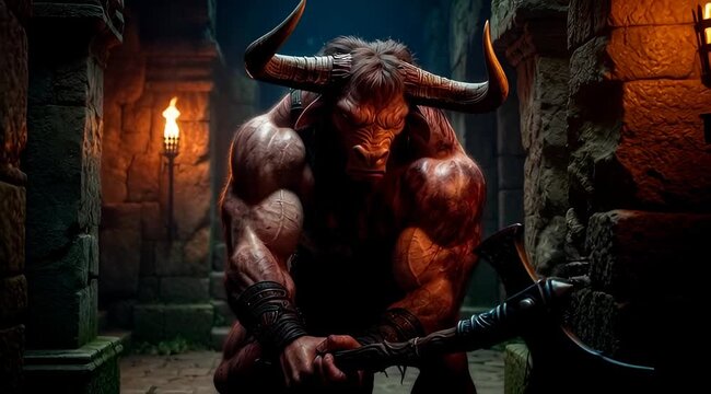 Powerful Minotaur Mythological Beast Wielding Battle Axe in Dark Stone Dungeon