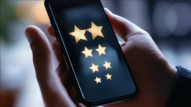 of hand with cell phone, showing stars rating app from Yelp or similar service, indicating user feedback or review scoring system.