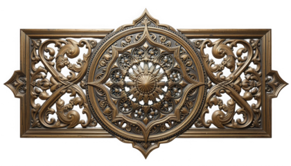 Intricate gold ornamental design with floral patterns on black background