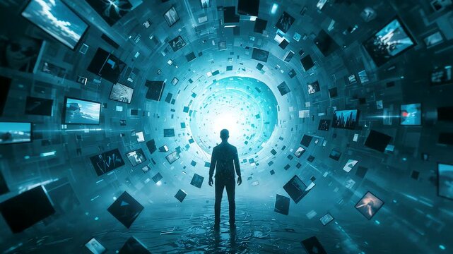 Silhouette of person standing inside futuristic digital tunnel surrounded by floating screens and light