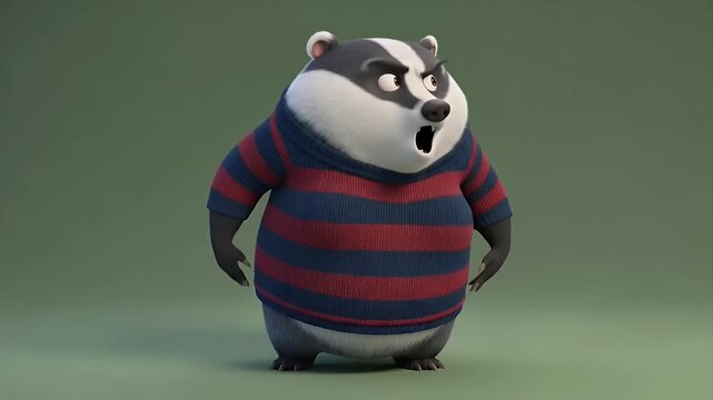 Grumpy Cartoon Badger Character Wearing a Striped Sweater.