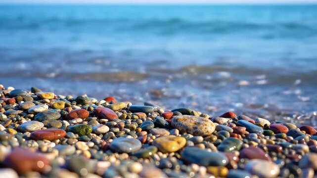 Close up of colorful pebbles on a beach with gentle waves in the background.