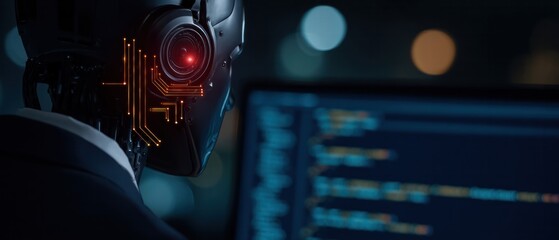 Close up of humanoid robot with digital circuit pattern scanning code on computer screen in dark environment showcasing AI threat analysis