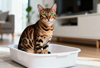 Bengal cat sitting in a white litter box in a modern living room