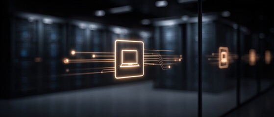 Digital laptop icon glowing on glass panel with blurred server racks in background representing enterprise IT infrastructure transformation