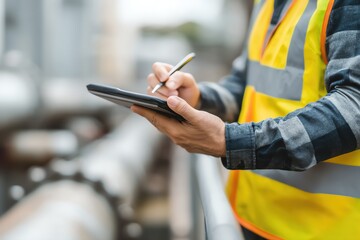 Worker in safety gear using a tablet to monitor industrial operations. Focus on efficiency and safety in the workplace.
