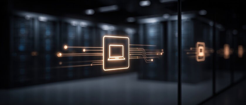 Digital laptop icon glowing on glass panel with blurred server racks in background representing enterprise IT infrastructure transformation - Powered by Adobe