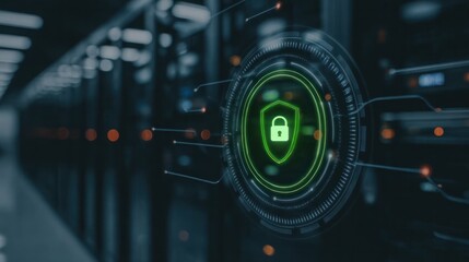 Green glowing padlock on digital shield interface over dark server room background showcasing secure data protection in data centers