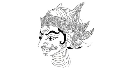 Naklejka premium Detailed line art illustration of a traditional Indonesian Wayang character's head, showing intricate patterns.