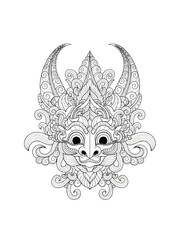 Fototapeta premium Intricate black and white illustration of a detailed, ornate Balinese mask with horns and elaborate patterns.