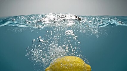 A vibrant yellow lemon creates a dynamic splash as it plunges into crystal clear water generating refreshing ripples and captivating underwater bubbles symbolizing freshness healthy living and a burs. - Powered by Adobe