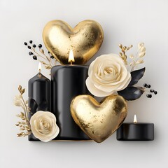 Candles, roses and a hearts in black and gold for Valentine's Day isolated on white background