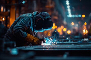 Industrial worker welding metal, producing bright blue sparks in factory. Ideal for showcasing manufacturing, industrial safety, or skilled trades.