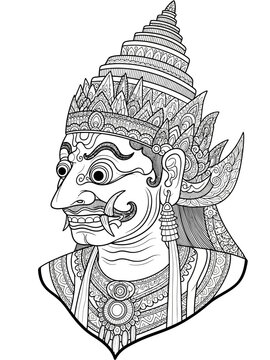 Ornate vector outline of wayang kulit Rahwana, fierce facial expression, elaborate crown, black line art, white background