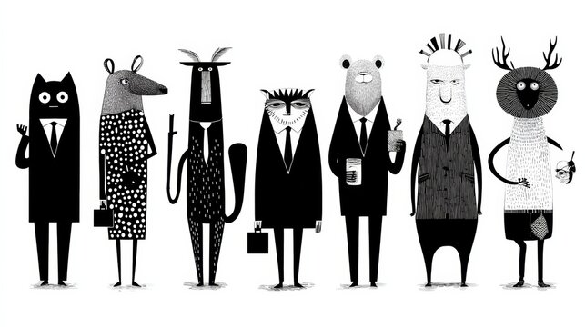 abstract Funny animal people in business concept. Always keep a hawks eye view on the competition. Conceptual image of animal heads on business people.