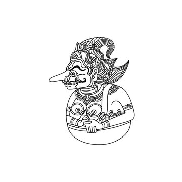 Simple but expressive vector outline of wayang kulit Semar, rounded body shape, traditional Javanese style, black line art on white