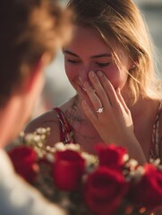 A man with a bouquet of red roses proposes to a woman. Engagement of lovers. Happy girl with a ring on her finger
