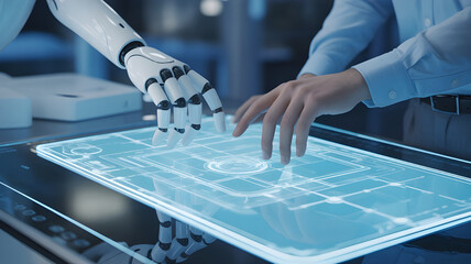 High-detail image of a human and an AI figure working together on a floating holographic blueprint, soft blue lighting, trust and cooperation theme, modern engineering aesthetic