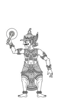 Vector line art of wayang kulit Gatotkaca, heroic stance, detailed armor ornaments, black outline only, white background