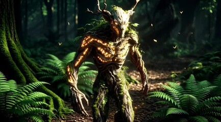 Enchanted Forest Spirit Creature with Glowing Magical Runes in a Mystical Wood - Powered by Adobe