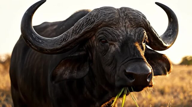 Close up portrait of an african buffalo with large horns grazing on grass in the golden light of sunset or sunrise