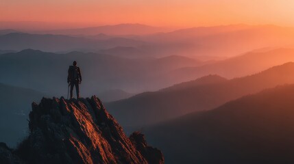 Person on mountain summit overlooking misty, layered sunset ranges. Inspires themes of adventure, success, freedom, and new beginnings.
