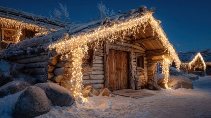 Rustic log cabins adorned with warm festive lights on a snowy winter evening