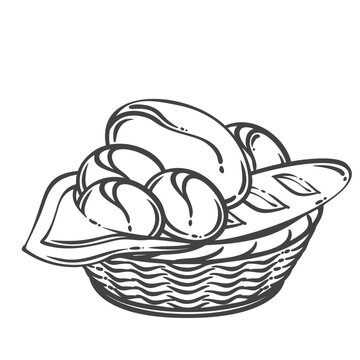 Bread basket with assorted loaves and cloth lining. Fresh bakery bread, traditional baked food, rustic serving. Outline monochrome engraving style, vintage line art. Vector illustration.